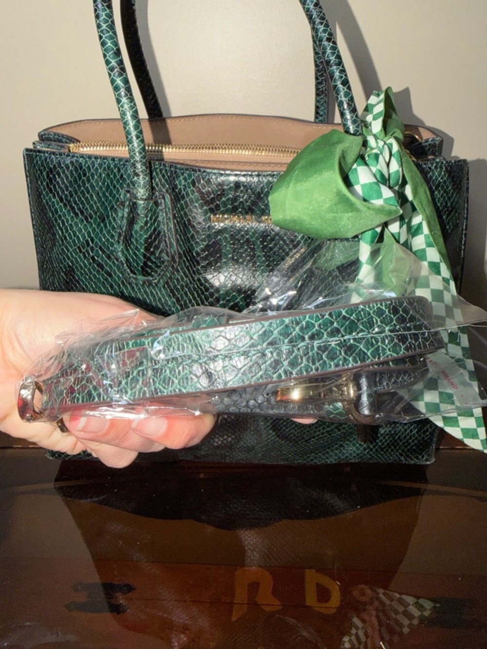 EUC Michael Kors Green Snake-Embossed Leather Tote with Green Scarf Accent - Picture 16 of 16
